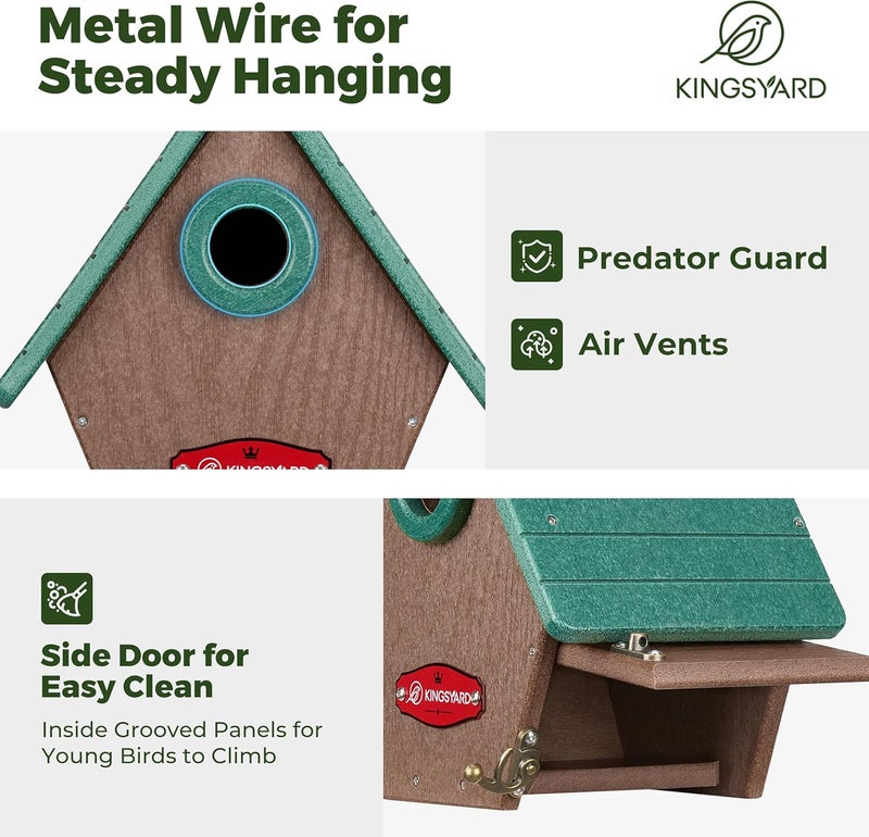 Kingsyard Recycled Plastic Bird House for Outdoors - Hanging Nesting Box with Predator Guard & Air Vents for Wren Finch Chickadee, Green - Image 4